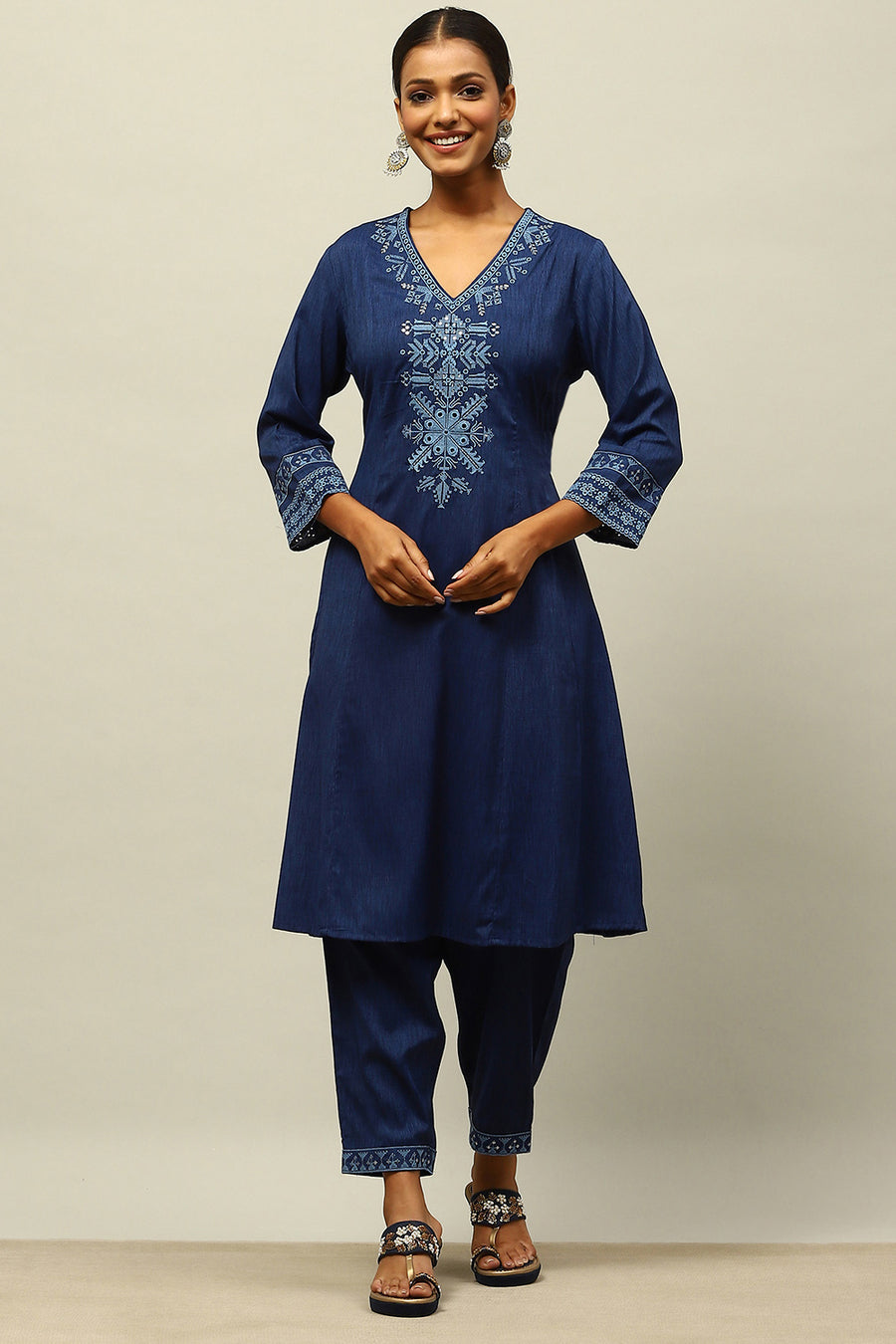 Blue Viscose Blend Straight Embroidered Kurta Palazzo Suit Set