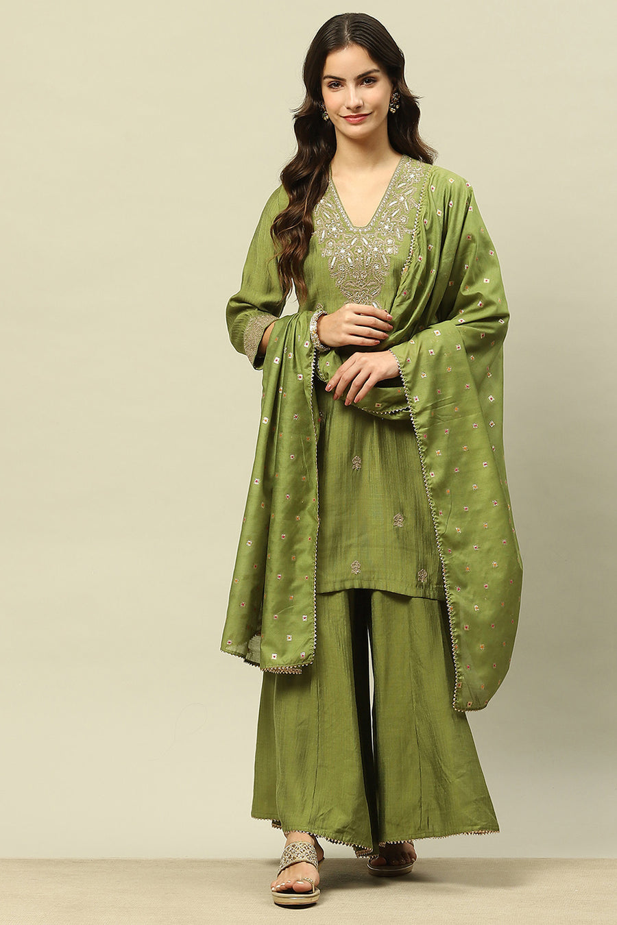 Golden-Olive Viscose Blend Straight Embroidered Kurta Sharara Suit Set