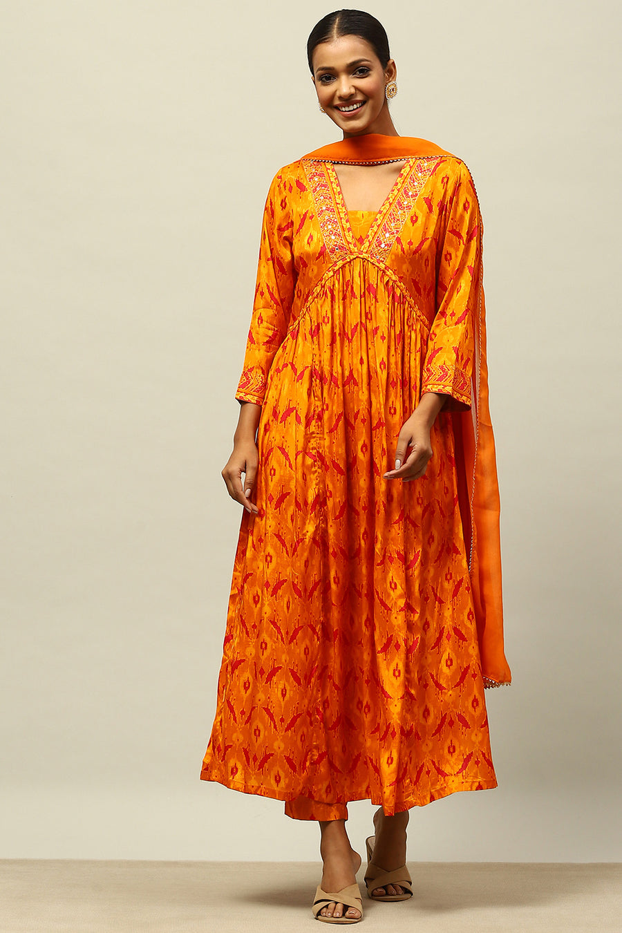 Mustard Yellow Viscose Shantoon Gathered Printed Kurta Palazzo Suit Set