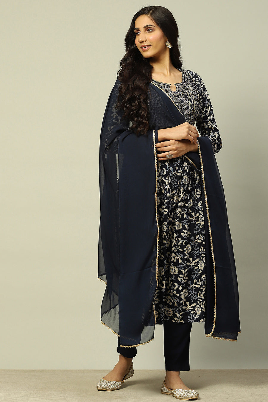 Indigo Floral Printed Gathered Festive Suit Set