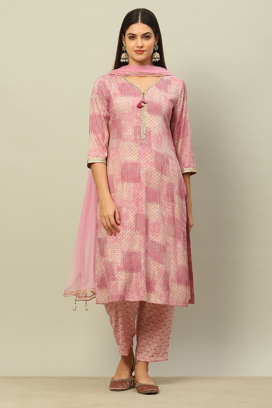 Pink Viscose Blend Straight Printed Kurta Palazzo Suit Set