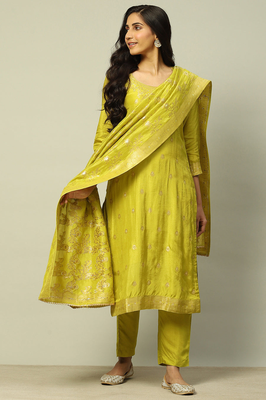 Green Viscose Blend Yarn Dyed Straight Festive Suit Set