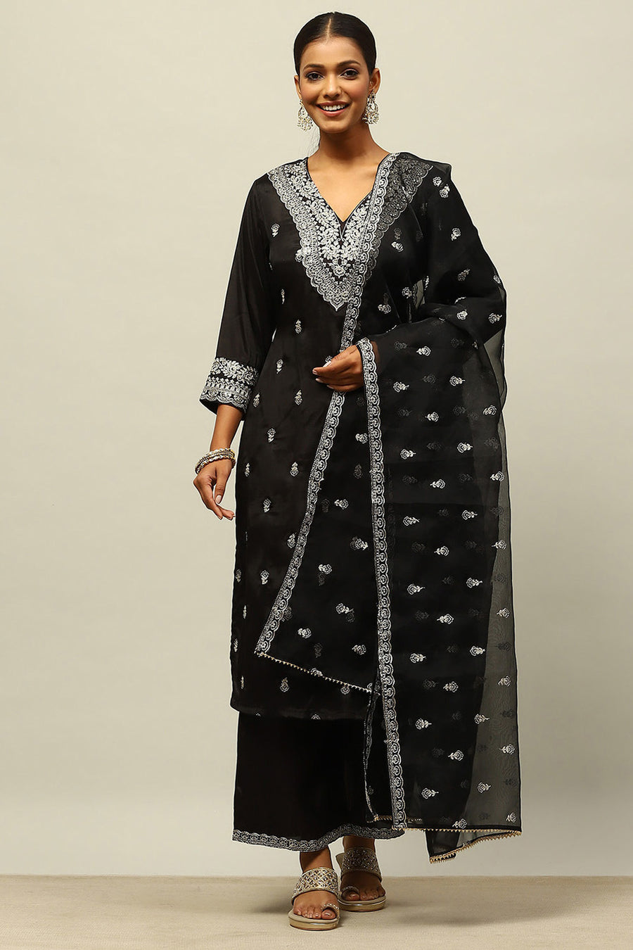 Black Viscose Shantoon Straight Embroidered Kurta Palazzo Suit Set