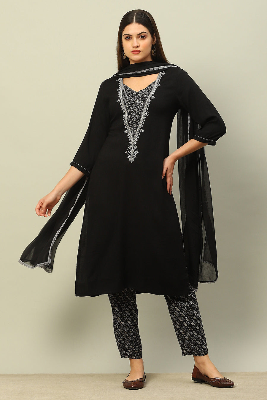 Black Viscose Blend Straight Solid Kurta Pants Suit Set