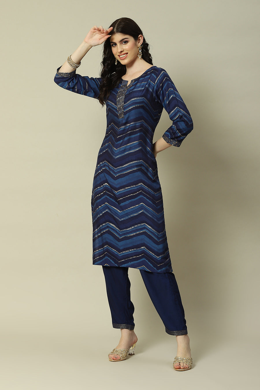 Blue LIVA Straight Printed Kurta Palazzo Suit Set