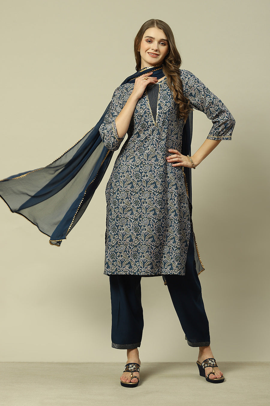 Navy Blue LIVA Straight Printed Kurta Palazzo Suit Set