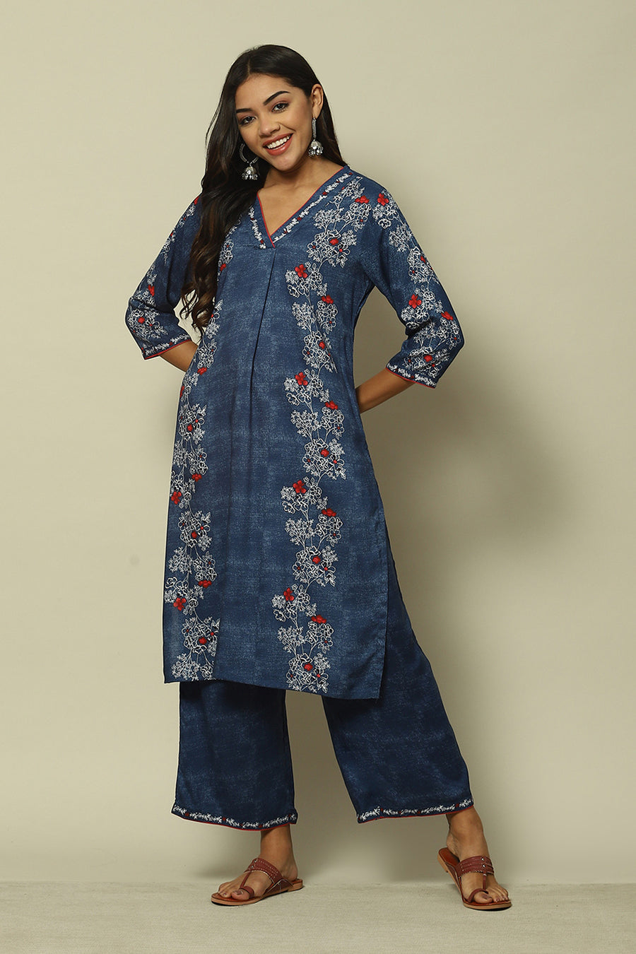 Indigo Blue LIVA Straight Printed Kurta Palazzo Suit Set