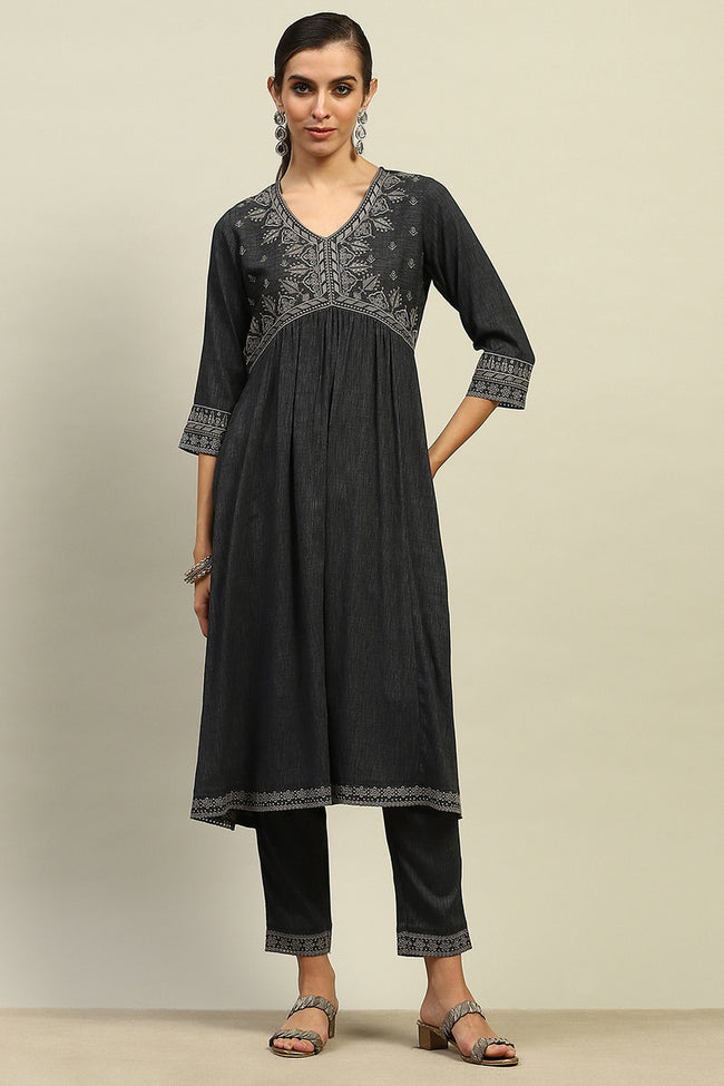 Black Viscose Blend Gathered Embroidered Kurta Palazzo Suit Set