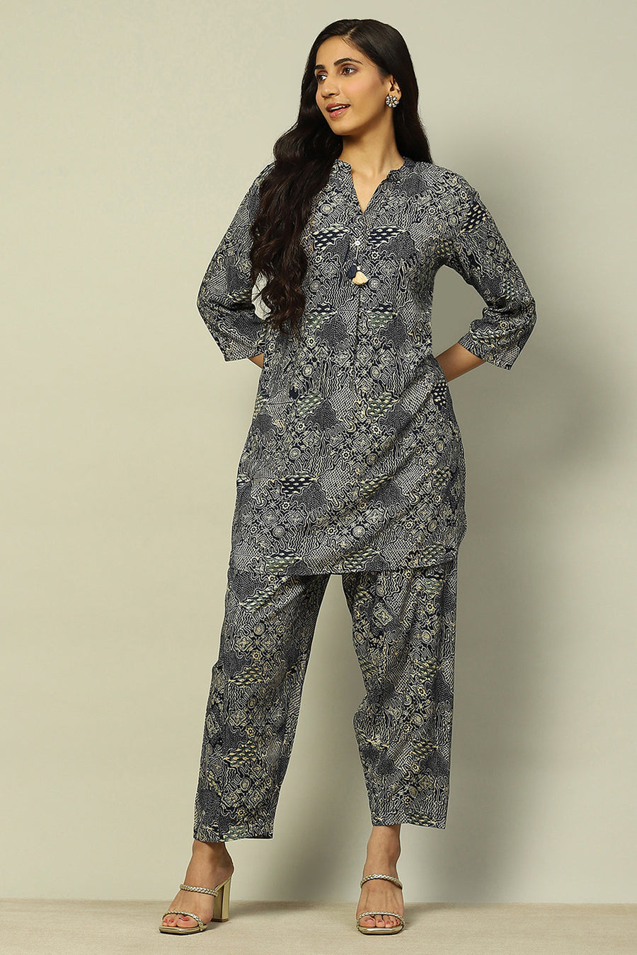 Navy Blue Printed Straight Kurta Pants Co-ord Set