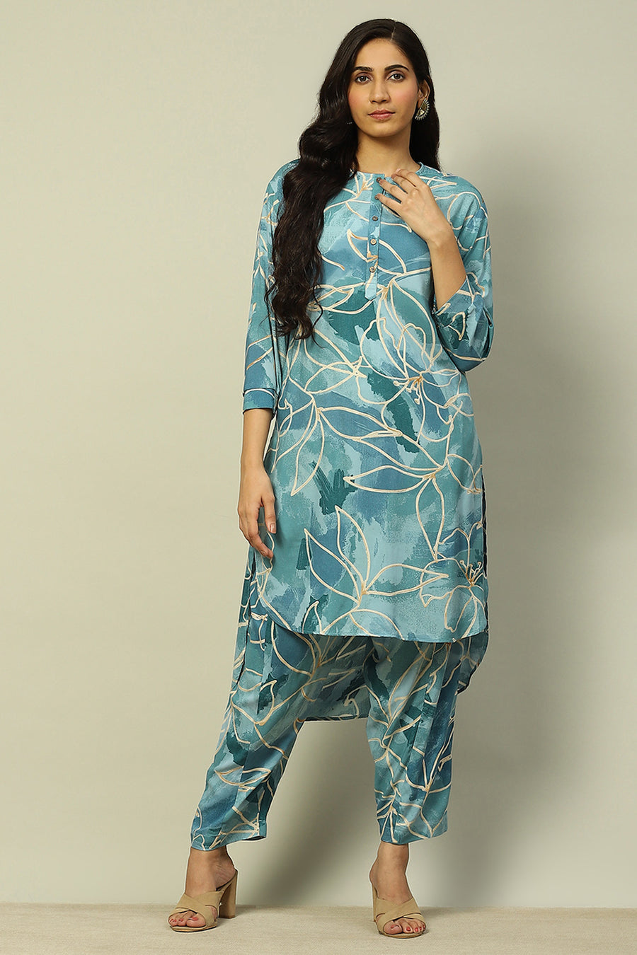 Aqua Blue Floral Printed Straight Co-ord Set