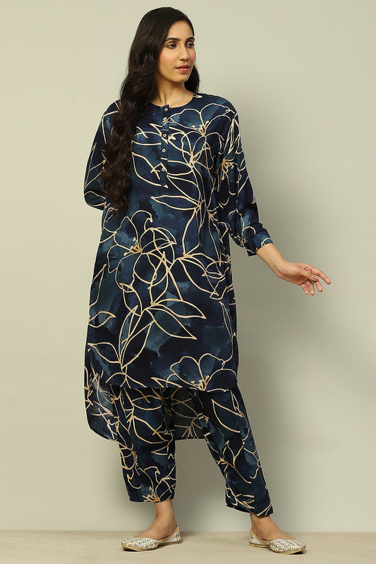 Navy Blue Floral Printed Straight Co-ord Set