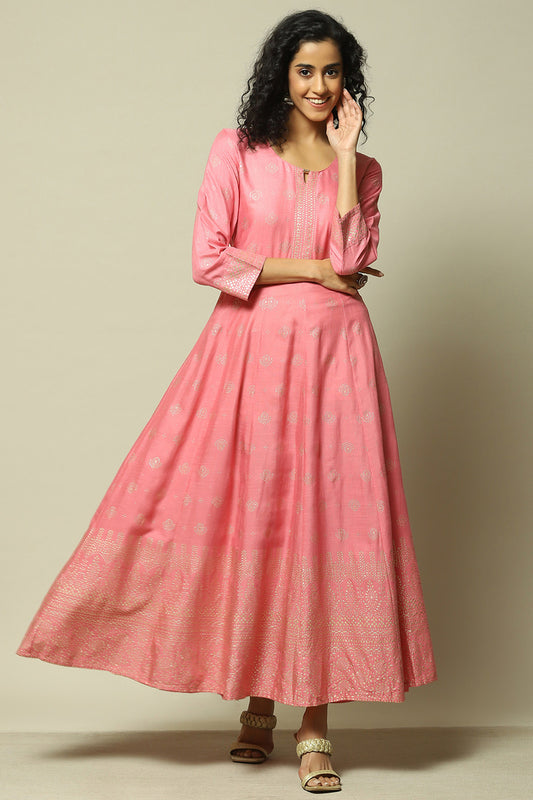 Pink LIVA Asymmetric Printed Dress