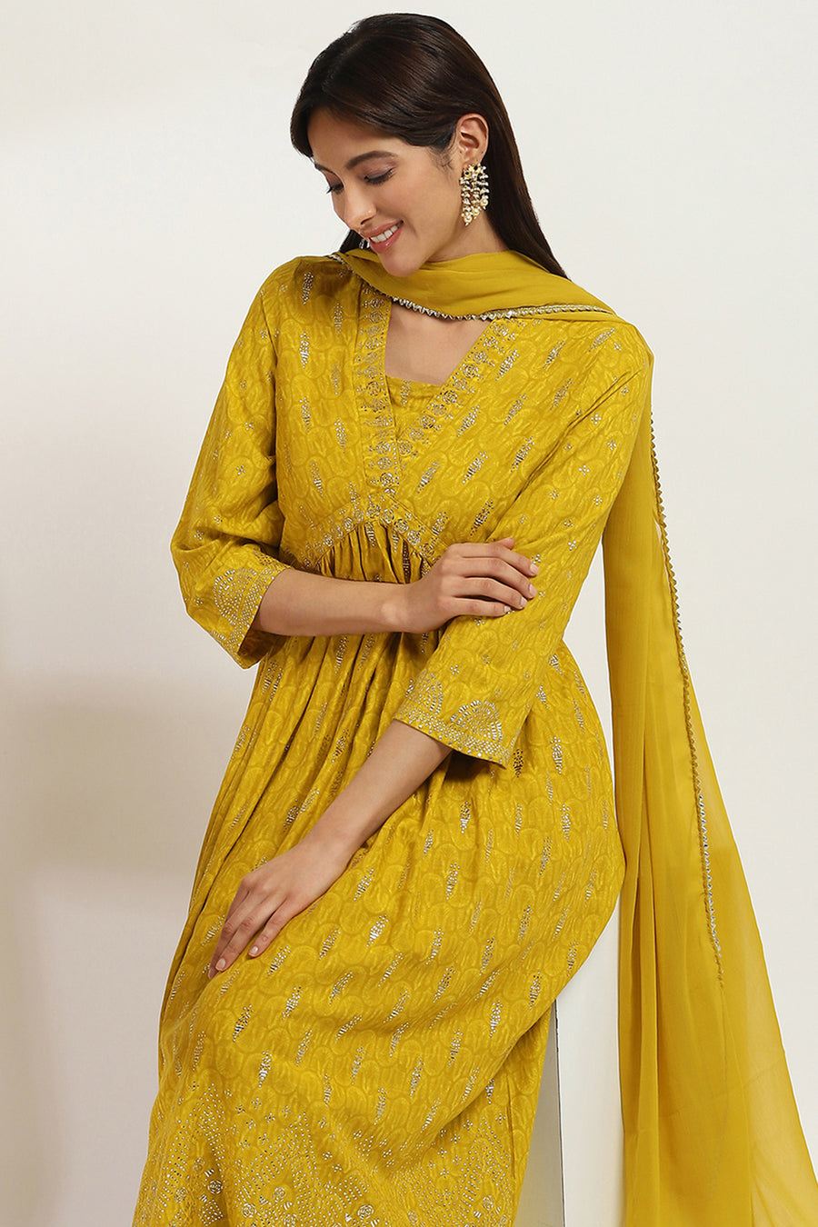 Yellow Rayon Slub Gathered Printed Kurta Palazzo Suit Set