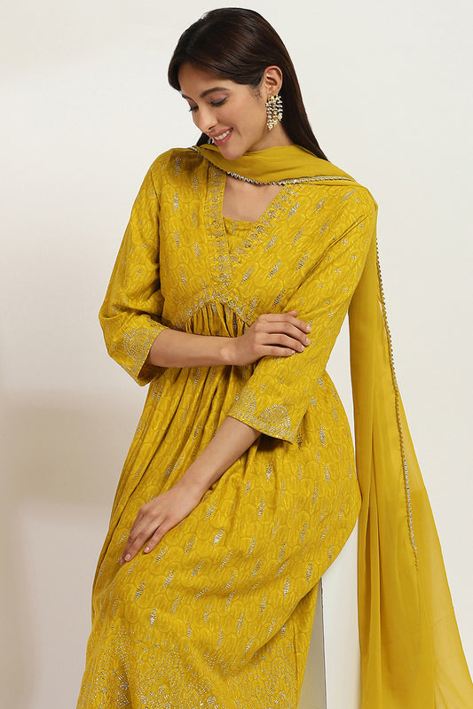 Yellow Rayon Slub Gathered Printed Kurta Palazzo Suit Set