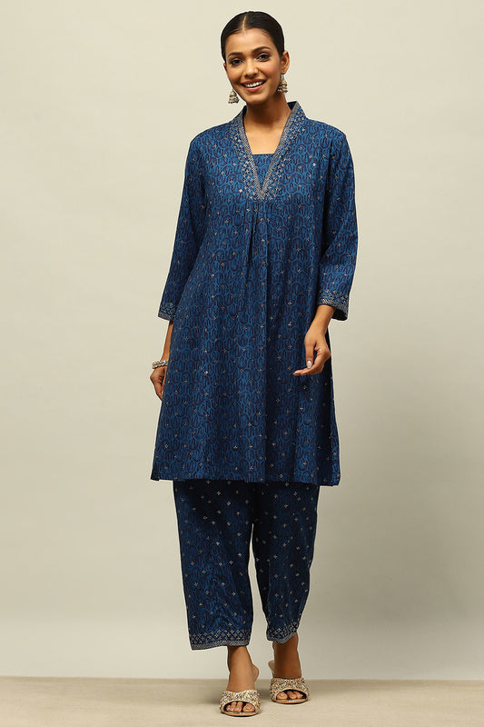 Blue Printed Straight Co-ord Set