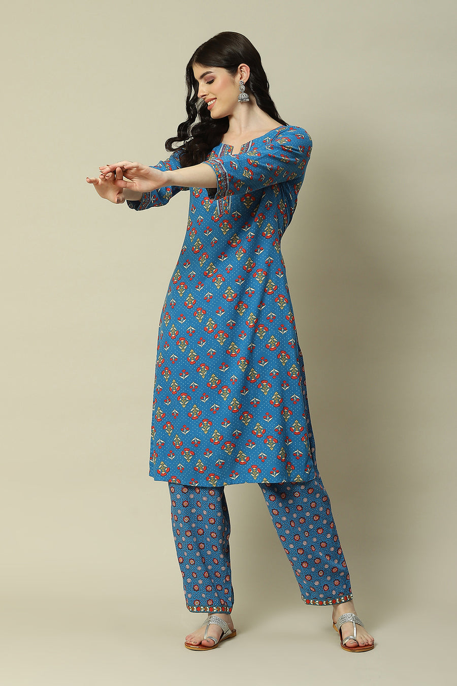 Coblt Blue LIVA Straight Printed Kurta Palazzo Suit Set