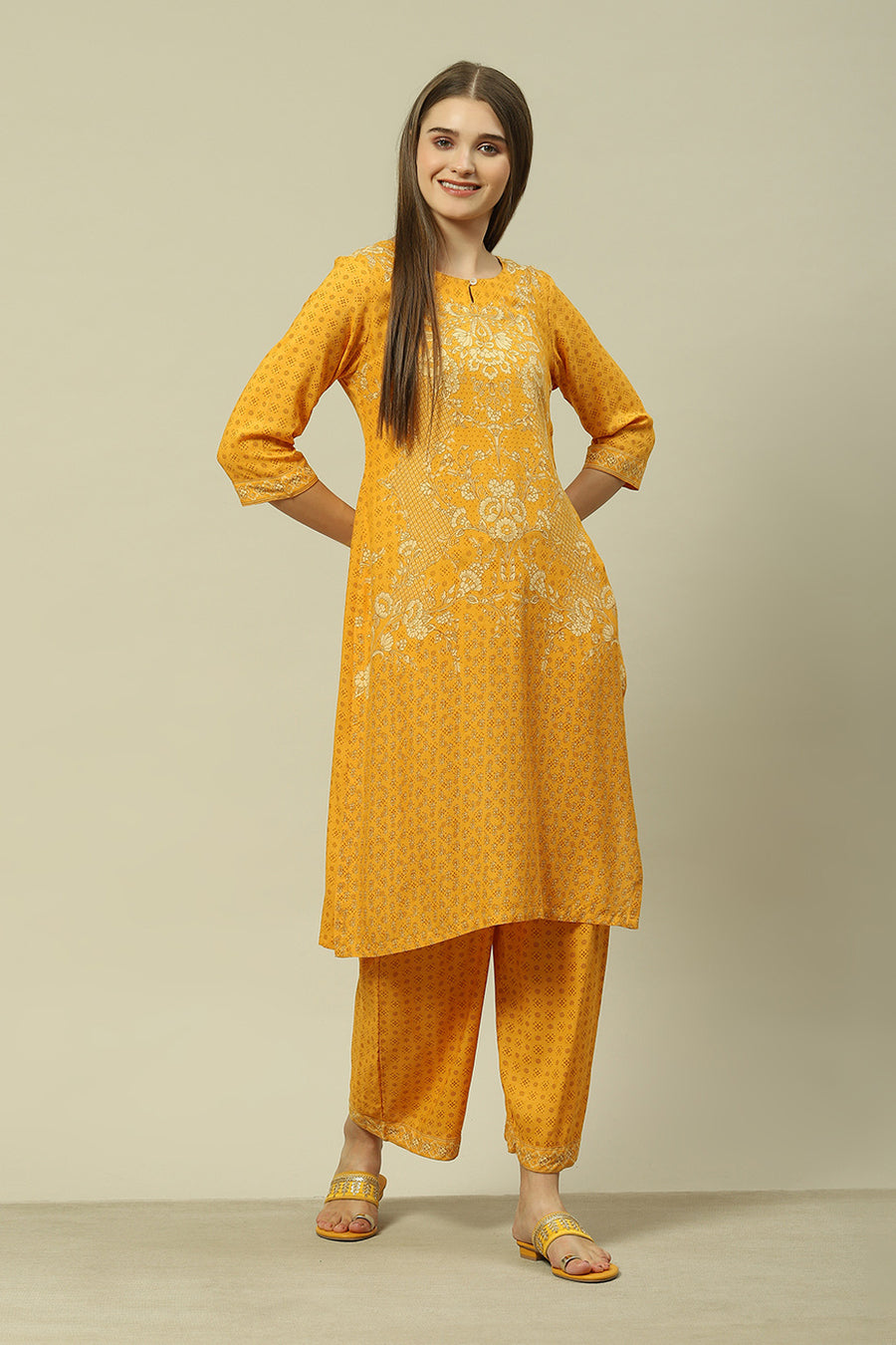 Yellow LIVA Straight Printed Kurta Palazzo Suit Set