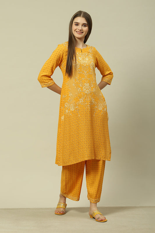 Yellow LIVA Straight Printed Kurta Palazzo Suit Set