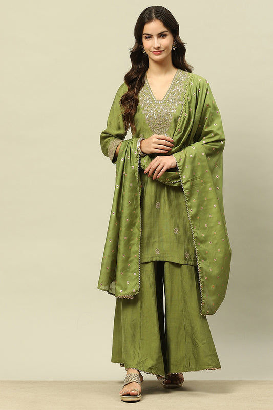 Golden-Olive Viscose Blend Straight Embroidered Kurta Sharara Suit Set