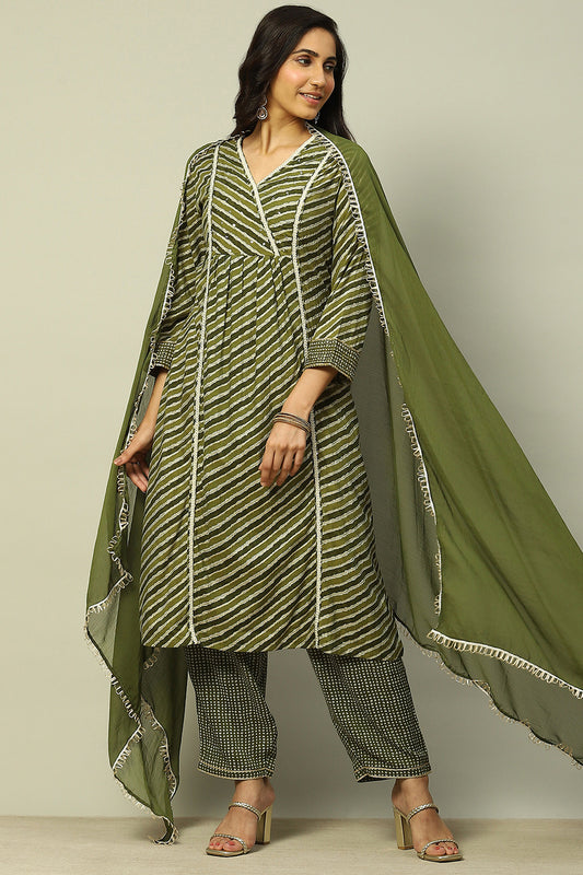Olive Green Viscose Printed Pleated Straight Suit Set