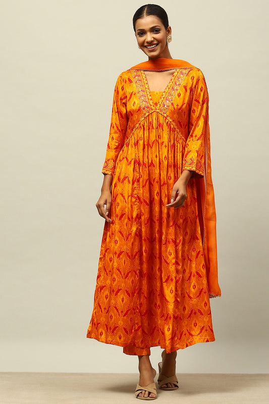 Mustard Yellow Viscose Shantoon Gathered Printed Kurta Palazzo Suit Set