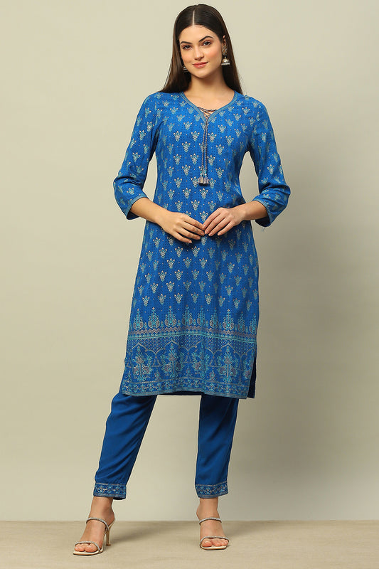 Blue Rayon Straight Printed Kurta Salwar Pants Suit Set