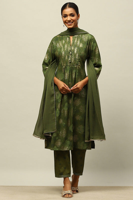 Green Viscose Blend Gathered Printed Kurta Salwar Suit Set