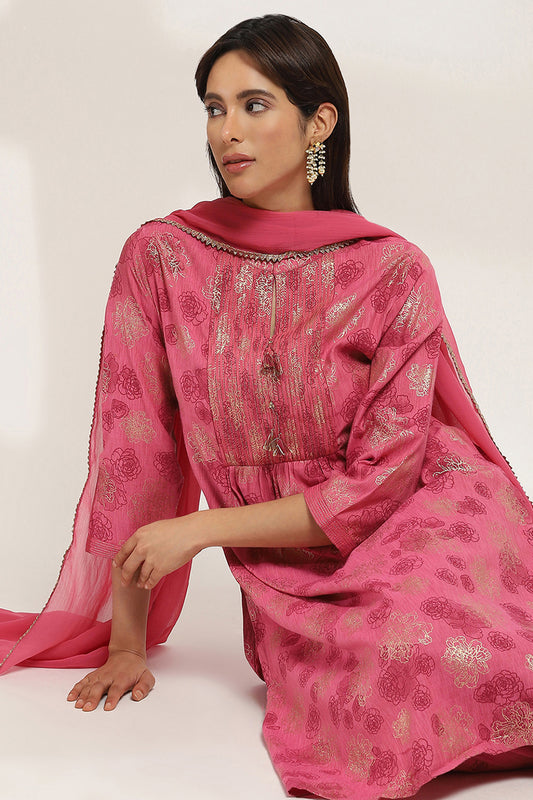 Onion Pink Viscose Blend Gathered Printed Kurta Salwar Suit Set