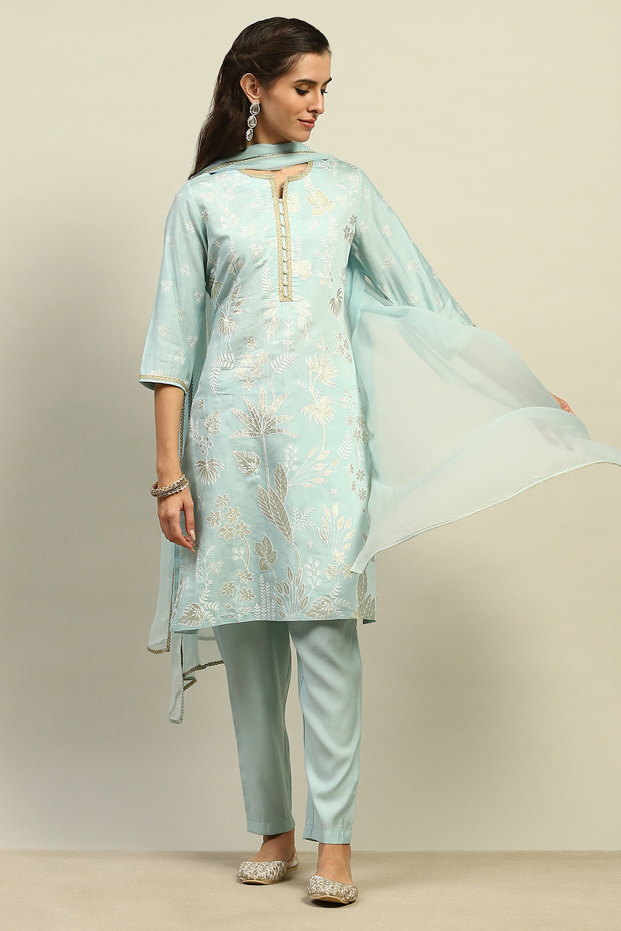 Blue Viscose Muslin Straight Printed Kurta Palazzo Suit Set