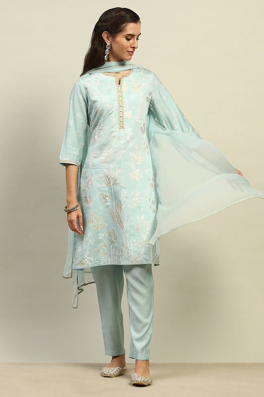 Blue Viscose Muslin Straight Printed Kurta Palazzo Suit Set