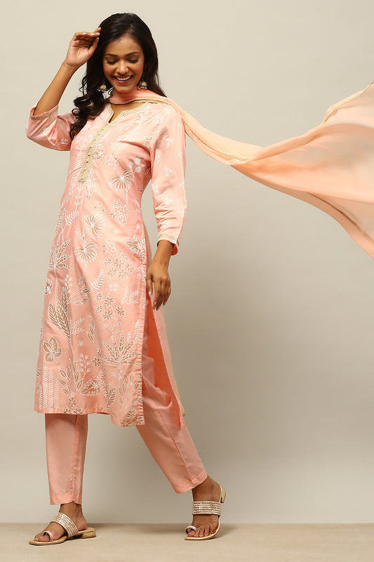 Pink Viscose Muslin Straight Printed Kurta Palazzo Suit Set