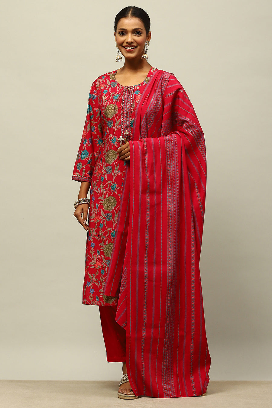 Pink Viscose Blend Straight Printed Kurta Salwar Suit Set