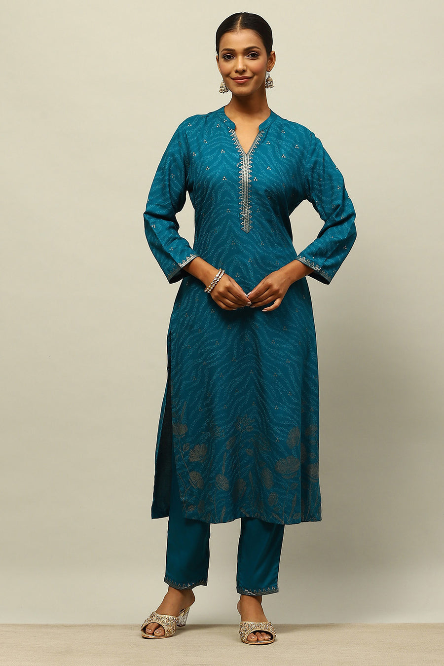 Teal Blue Rayon Straight Printed Kurta Salwar Pants Suit Set