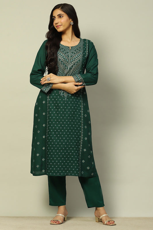 Dark Green Liva Printed Straight Festive Kurta Set