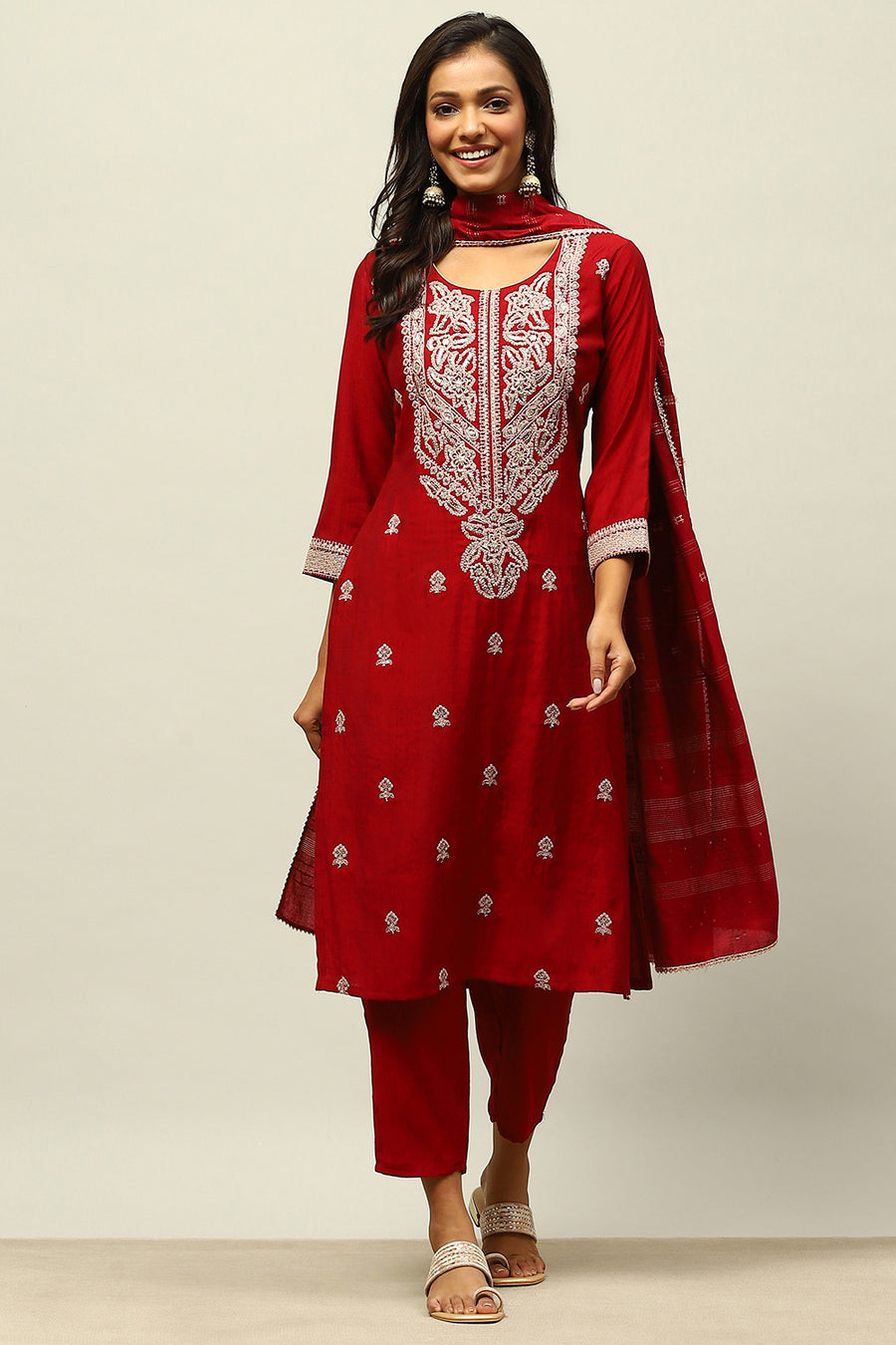 Maroon Viscose Blend Straight Embroidered Kurta Palazzo Suit Set