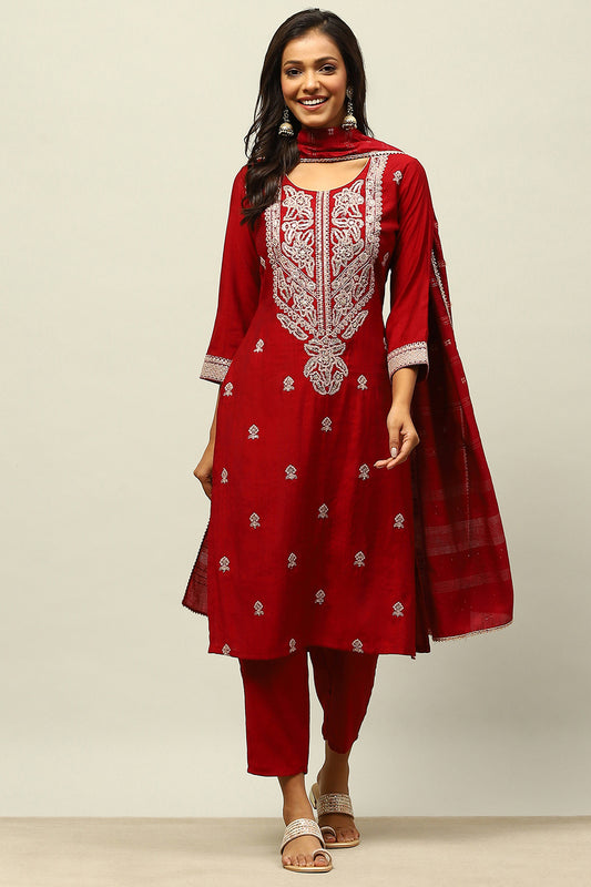 Maroon Viscose Blend Straight Embroidered Kurta Palazzo Suit Set