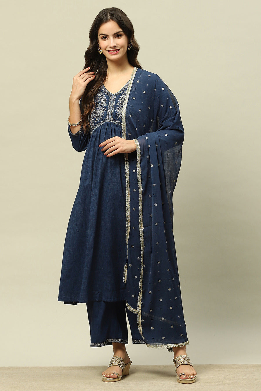 Blue Viscose Blend Gathered Yarn Dyed Kurta Palazzo Suit Set
