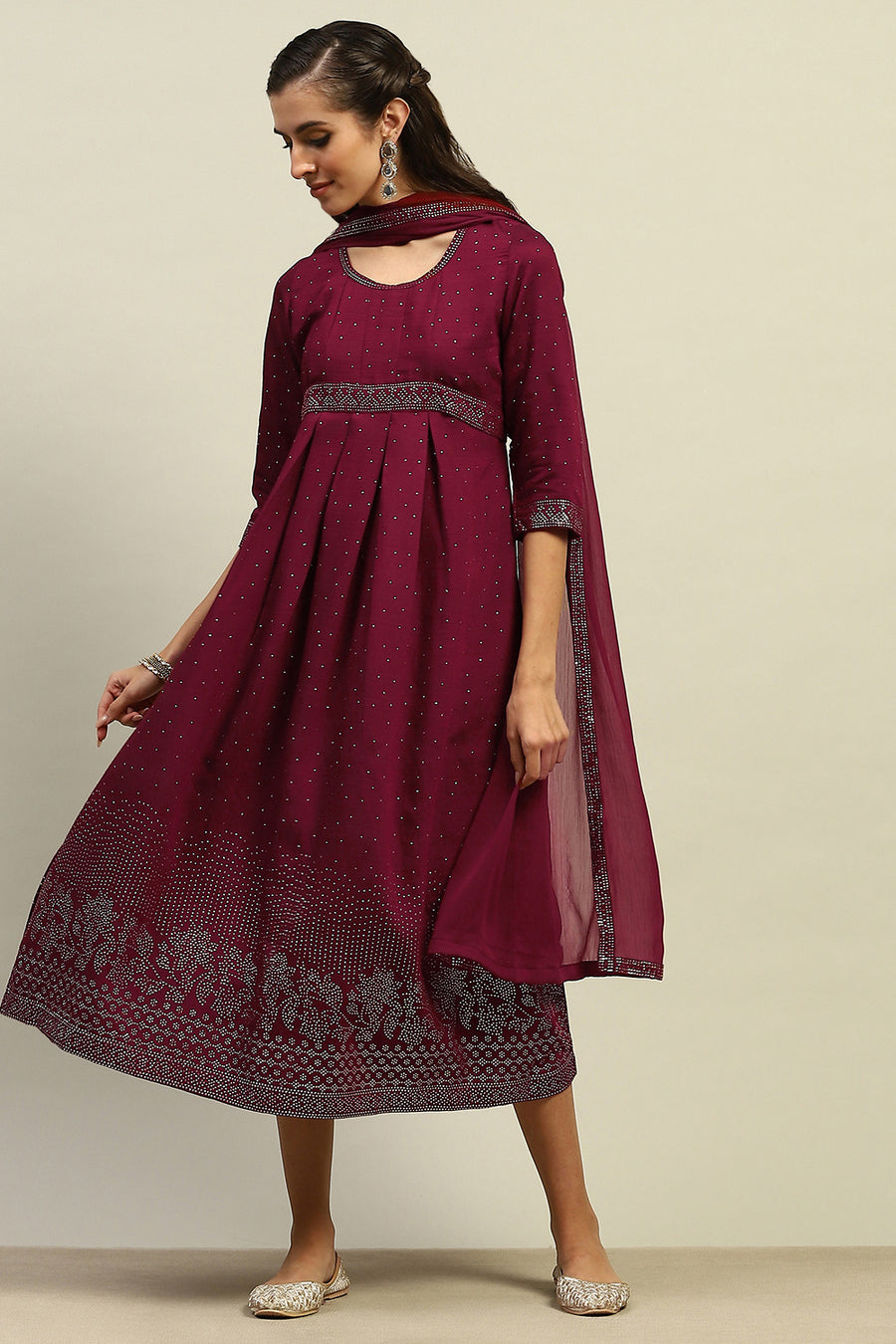 Red Viscose Blend Gathered Printed Dress With Dupatta