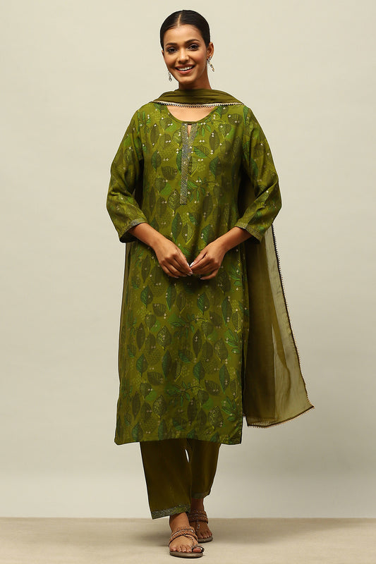 Green Printed Straight Suit Set
