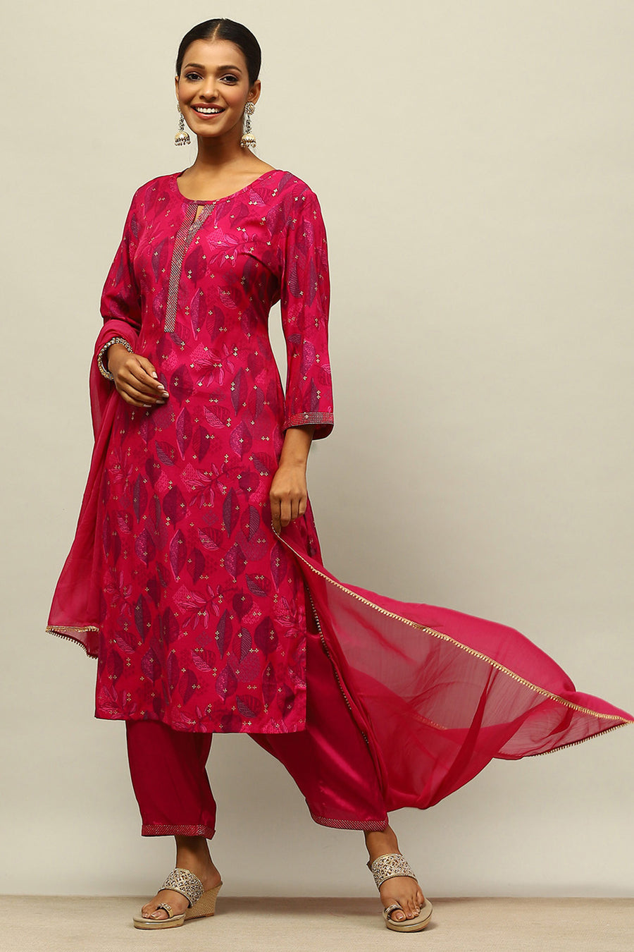 Magenta Printed Straight Suit Set