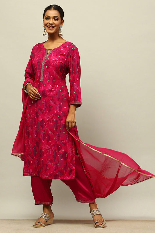 Magenta Printed Straight Suit Set
