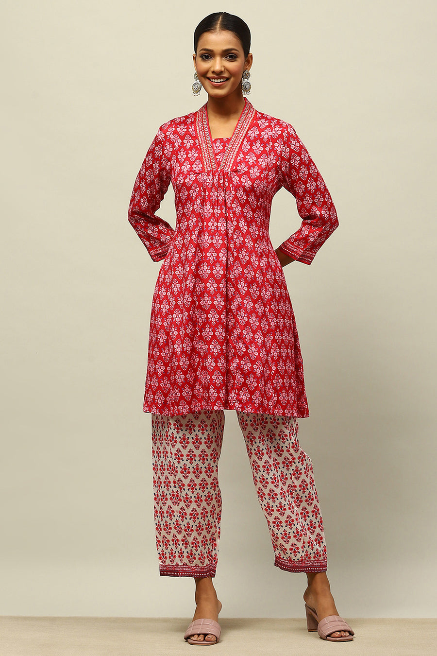 Red Viscose Blend Kalidar Printed Kurta Palazzo Suit Set