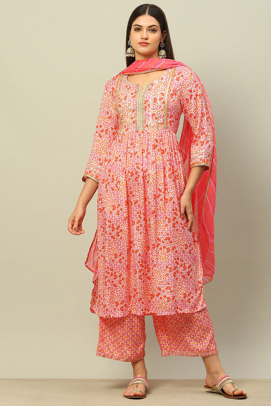 Orange Viscose Muslin Straight Printed Kurta Palazzo Suit Set