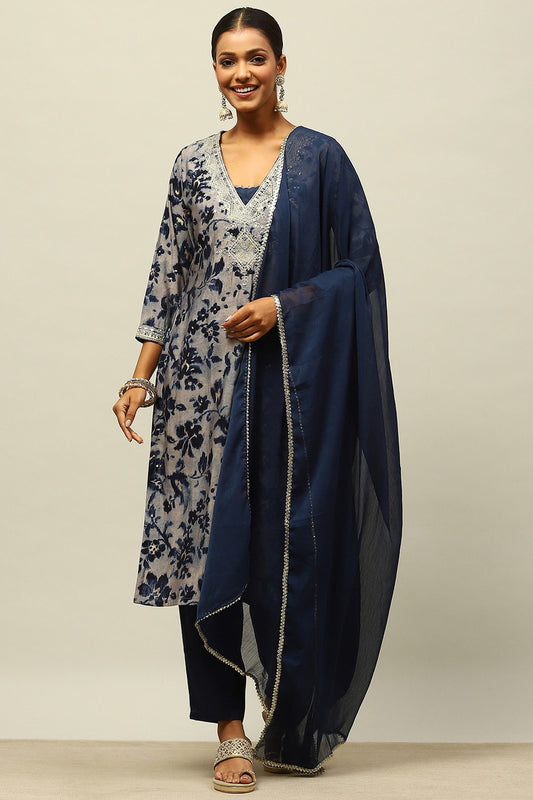 Blue Viscose Blend Straight Printed Kurta Palazzo Suit Set