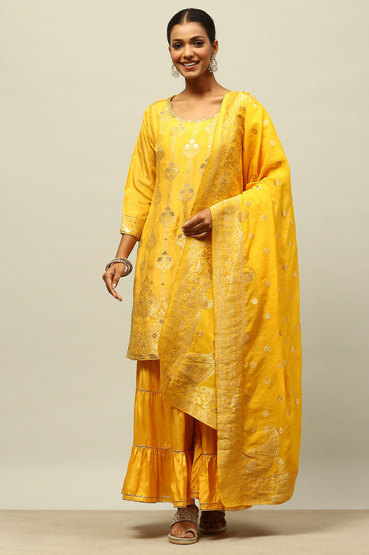 Mustard Yellow Viscose Blend Straight Yarn Dyed Kurta Sharara Suit Set