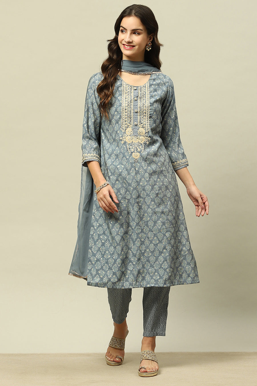 Blue Viscose Muslin Straight Printed Kurta Pants Suit Set