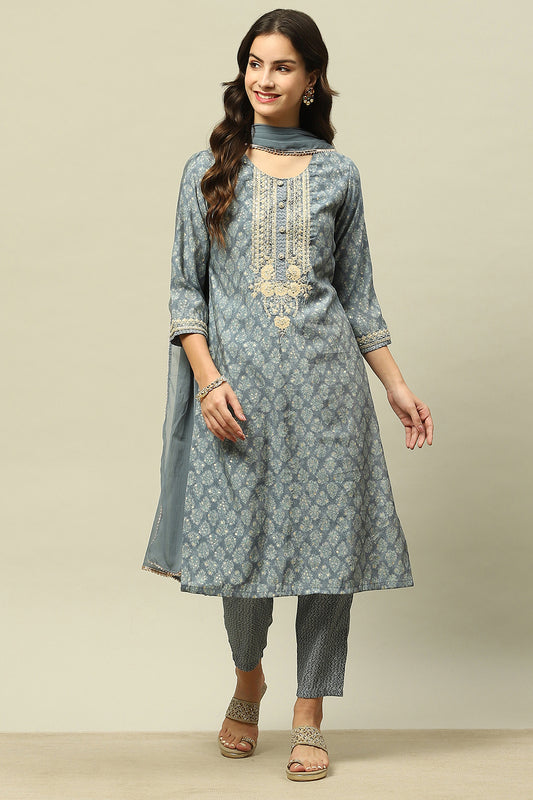 Blue Viscose Muslin Straight Printed Kurta Pants Suit Set