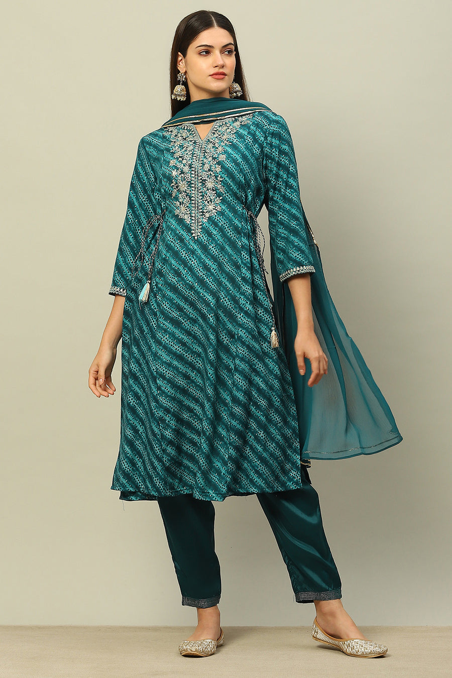 Teal Blue Viscose Muslin A-Line Printed Kurta Salwar Pants Suit Set