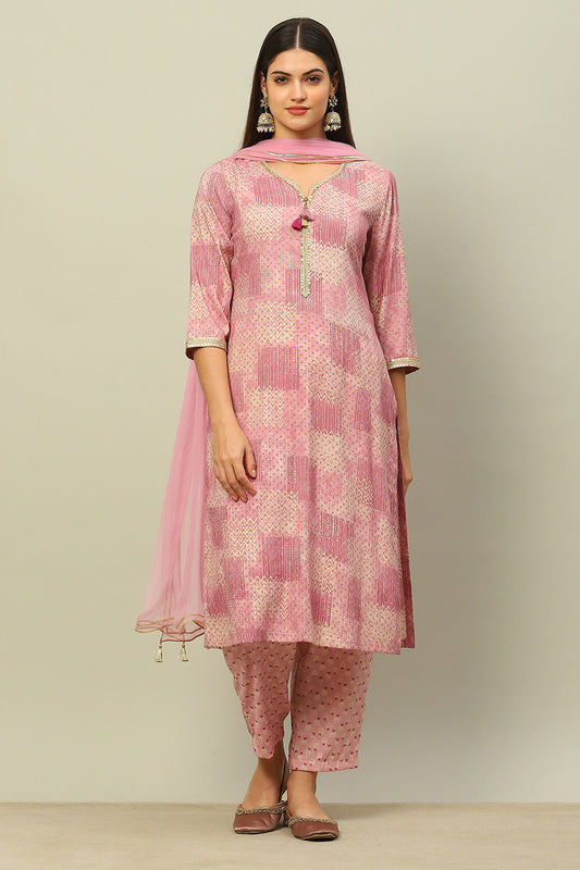 Pink Viscose Blend Straight Printed Kurta Palazzo Suit Set