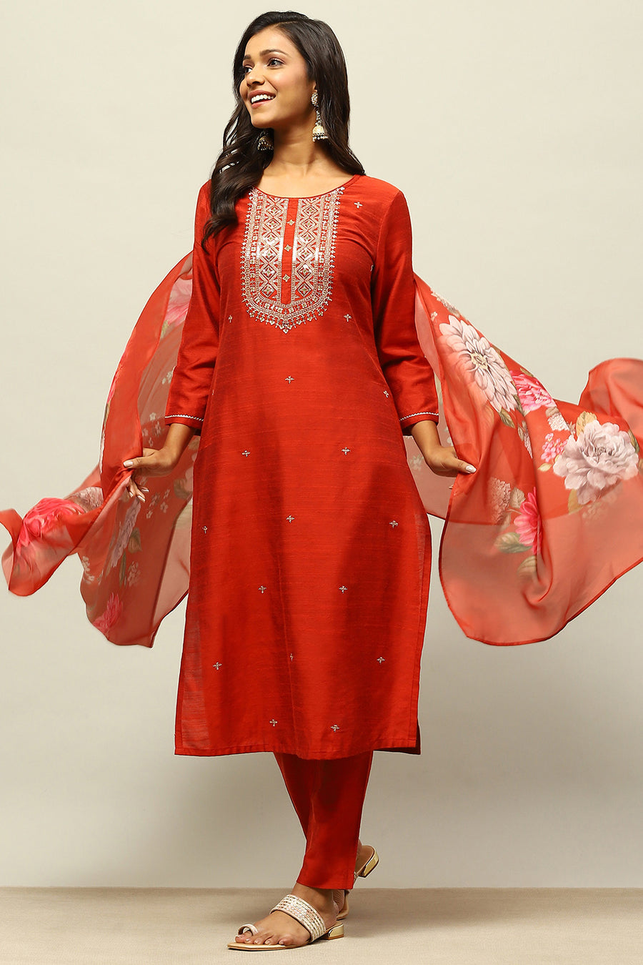Rust Red Yarn Dyed Straight Festive Suit Set